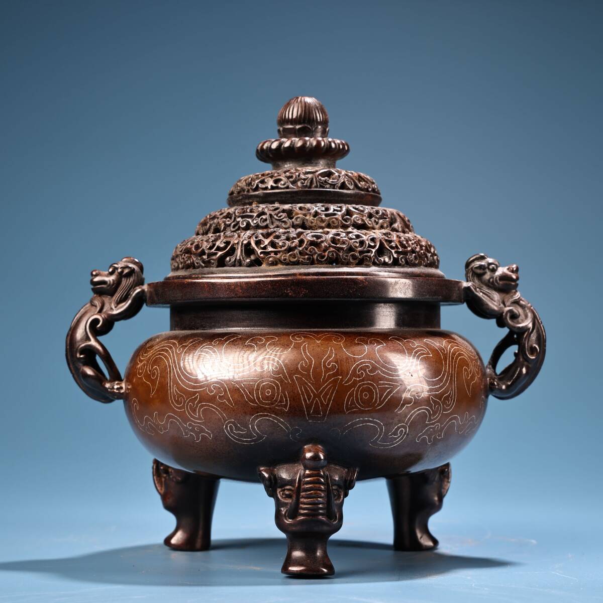 唐銅携行香炉 獅子蓋双耳三つ足 明～清古玩 唐銅 【
