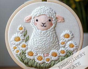 羊の刺繍パターン、初心者向けファームハウス装飾（PDFダウンロード