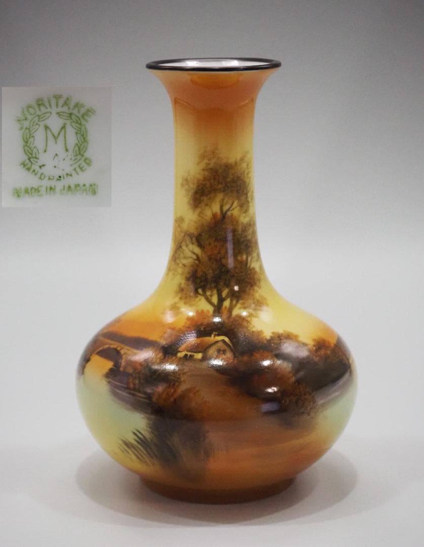 明治期里帰りノリタケM-JAPAN印 HANDPAINTED 湖夕焼け風景花瓶 明治期里帰りノリタケM-JAPAN印 HANDPAINTED 湖夕焼け風景花瓶 明治期