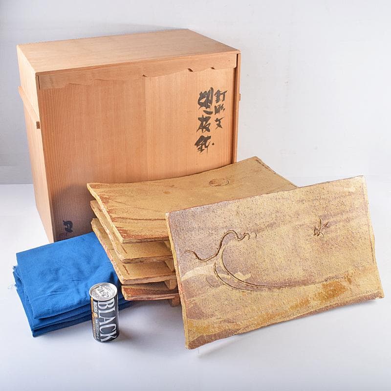 和食器　番浦史郎　釘彫文鉢　四方鉢　板皿　長方皿　五客　共箱　M　R8876B 和食器 番浦史郎 釘彫文鉢 四方鉢 板皿 長方皿 五客 共箱 M R8876B 和