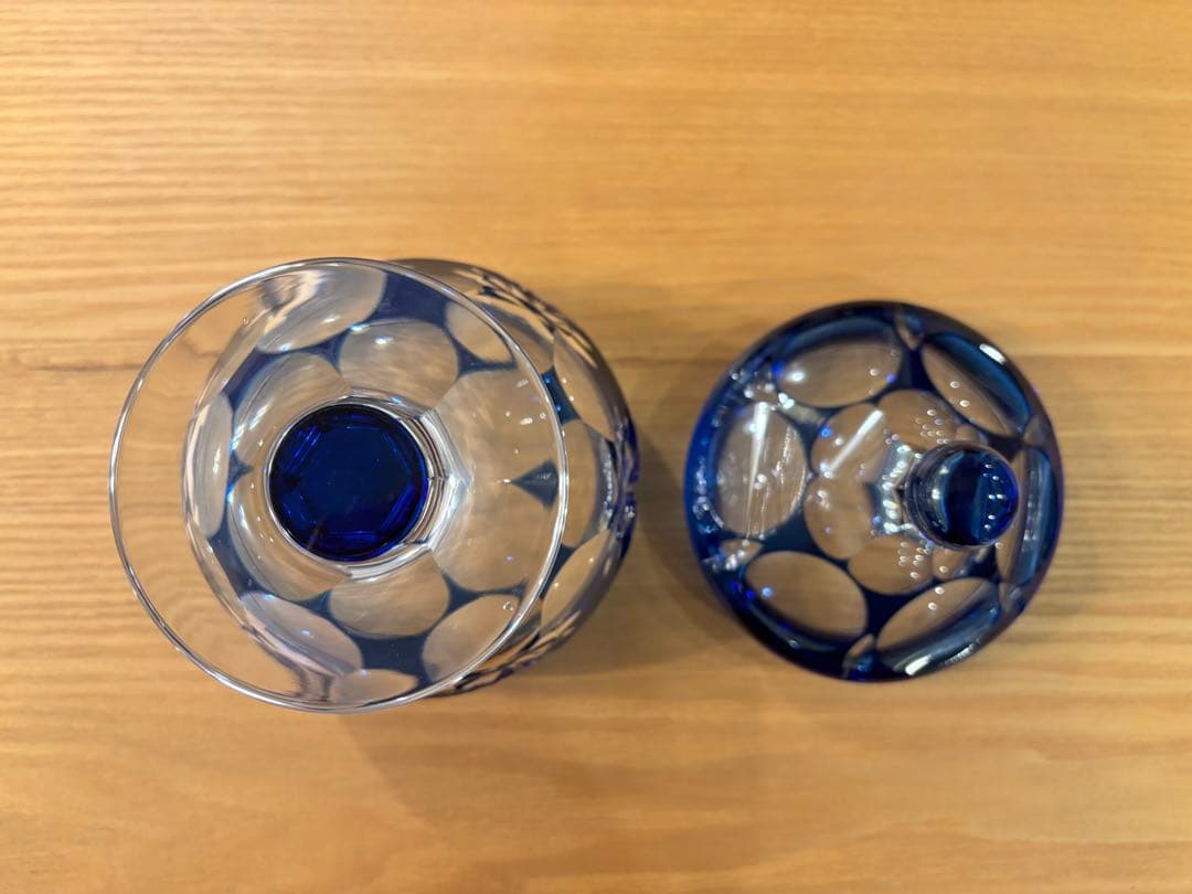 未使用】カガミクリスタル 藍色江戸切子 蓋付きシュガーボウル