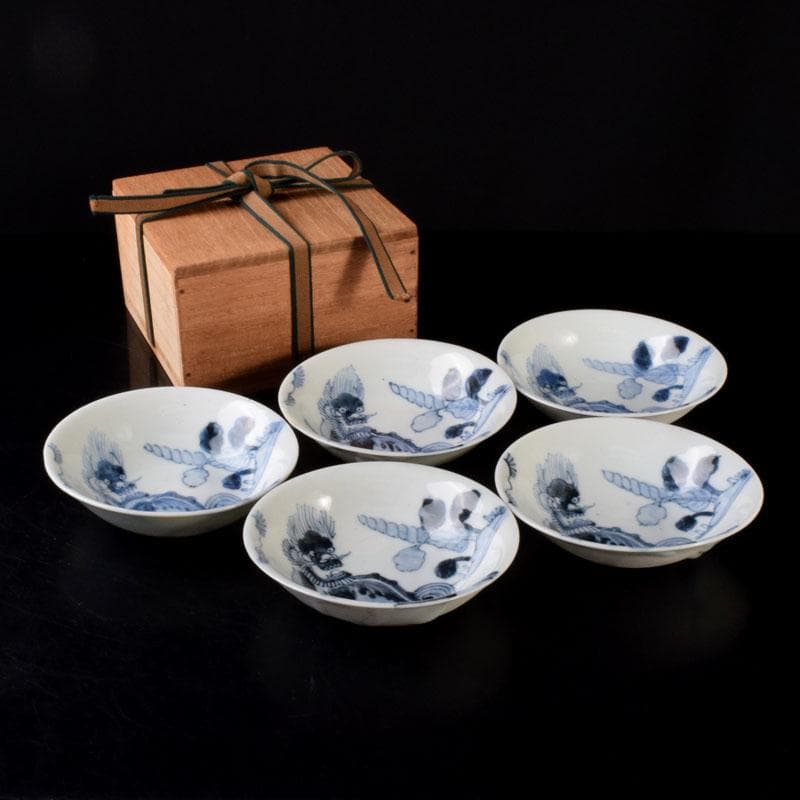 中国　南京染付　神獣文　小皿　豆皿　5客　時代箱付　C　R7810 中国 南京染付 神獣文 小皿 豆皿 5客 時代箱付 C